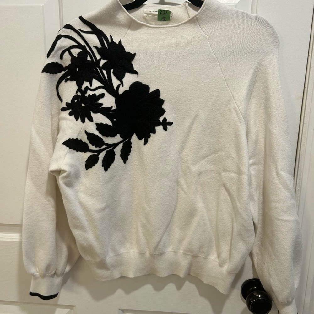 Anthropologie White Sweater with Black Floral Design
